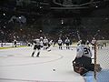 Ilya Bryzgalov of the Anaheim Ducks stopping shots during a pre-game warm-up.