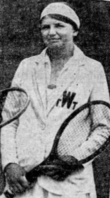 Fanny Curtis, a young white woman smiling, wearing a wide white hairband and a white dress, holding a tennis racket