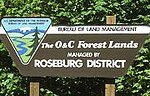 Sign indicating former land of the Oregon and California Railroad now belonging to the Bureau of Land Management near Roseburg, Oregon.