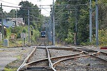 Looking down railway tracks in a forestry area, with a blue tram far down the line