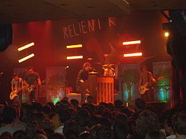 Relient K at House of Blues in Cleveland performing in May 2007; from left to right: Jon Schneck, Matt Hoopes, Matt Thiessen, Dave Douglas, and John Warne