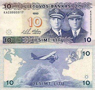 Darius (left) and Girėnas on a Lithuanian 10 litas banknote