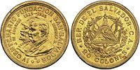 Coat of arms of El Salvador display on a 1925 coin