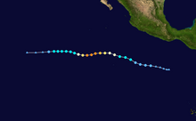 A map of the bumpy but generally westward path of a hurricane off the Pacific coast of Mexico