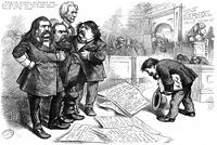 Thomas Nast (presumably sarcastically) drew himself asking for forgiveness from Senators for his critical sketches, writing "nobody may say a word against them for they are sacred".