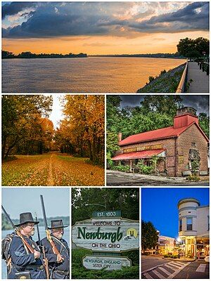 Top to bottom, left to right: Newburgh riverfront, Angel Mounds, Newburgh Country Store, re-enactors of the Newburgh Raid, town welcome sign, and Exchange Hotel