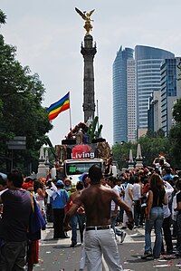 Photo from gay-pride parade in Mexico City, with rainbow flag