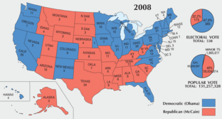 Results by state with pie charts for the electoral college and popular vote. Note that the depicted split in Nebraska's electoral votes denotes the one electoral vote won by Obama in Nebraska's second congressional district and is not representative of the district's actual geographical boundaries.