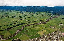 View eastward from Murupara over the Whirinaki River and Galatea Plains toward the Ikawhenua Range