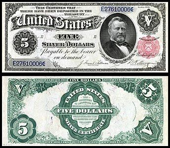 Five-dollar silver certificate from the series of 1891, by the Bureau of Engraving and Printing