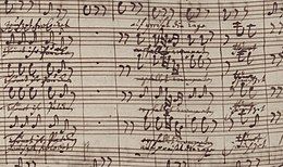 Detail from the manuscript score of "Tönet, ihr Pauken" with changes for "Jauchzet, frohlocket!"