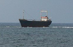 The grounded wreck viewed from the coast.