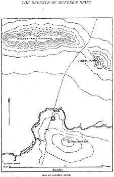 Map of Duffer's Drift, the Silliaasvogel River's only crossing. The defences are on the slopes of Waschout Hill to the south. Across the river to the north are Regret Table Mountain and the hillside farm of Incidentamba.