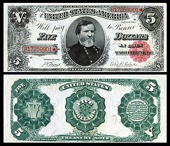 Five-dollar Treasury Note from the series of 1891, by the Bureau of Engraving and Printing