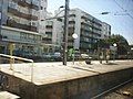 View from a train of the end of a platform at Amadora Station, August 2020