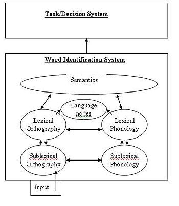 A flow chart representation of the BIA+ model for bilingual language processing including the word identification and task/decision subsystems.