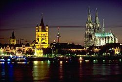 Cologne waterfront and skyline, with Groß St. Martin (center left) and Cologne Cathedral (right)