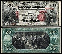 Obverse and reverse of a twenty-dollar National Bank Note