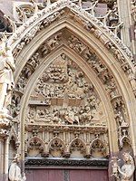 Adoration of the Magi on a tympanum on Saint-Thiébaut Church, Thann, France