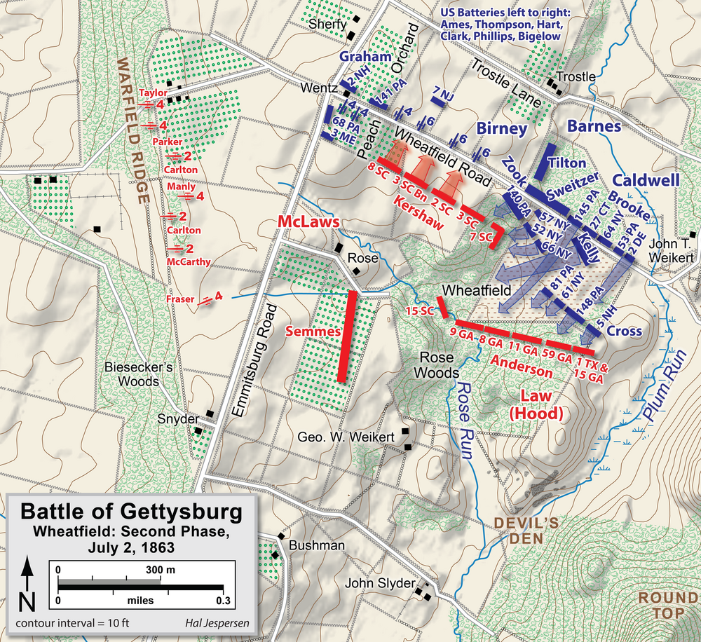 Caldwell's division relieves de Trobriand's brigade; the Irish Brigade advanced southwest through the 17th Maine's and 5th Michigan's lines relieving them.[185]