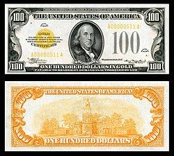 $100 Gold certificate (1934) depicting Benjamin Franklin, signed by Julian and Morgenthau.