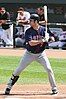 A man in a left-handed batting stance wearing pinstriped gray pants, a black shinguard on his right leg, a dark blue baseball jersey, and a dark-colored batting helmet.