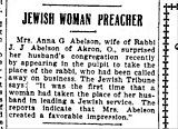 1908 article describing how Anna Abelson assumed the role of rabbi in her husband's absence (Trenton Evening Times, August 1, 1908)