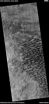 Wide view of a field of sand dunes, as seen by HiRISE under HiWish program