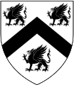 Arms of Finch: Argent, a chevron between three griffins passant sable