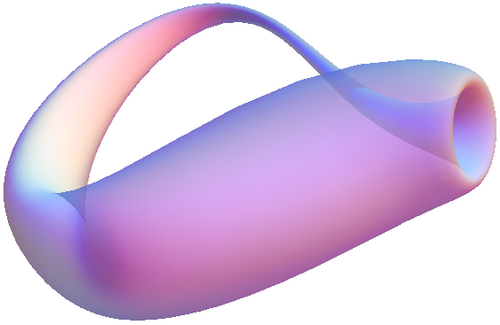 three-dimensional rendering of a pink, translucent Klein bottle