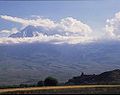 The monastery Khor Virap (meaning "Deep hole") in front of Mount Ararat; this is where the monk Krikor Lusavoritch was kept in prison, until he succeeded in converting king Trdat III to christianity