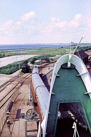 Unloading a passenger train from a train ferry