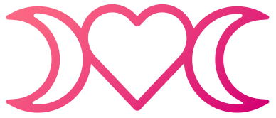 A simplified smooth vector image of a waxing crescent moon on the left, open pink heart shape in the middle, and a waning crescent moon on the right. All lines are a dark pink color.