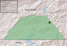 Symphyotrichum rhiannon native distribution map. Species is endemic to the Buck Creek Serpentine Barrens in Clay County, North Carolina. Map source: USDA, NRCS PLANTS Database with additional information from Kauffman, G.L.; Nesom, G.L.; Weakley, A.S.; Govus, T.E.; Cotterman, L.M. (2004). "A new species of Symphyotrichum (Asteraceae: Astereae) from a serpentine barren in western North Carolina". SIDA, Contributions to Botany. 21: 827–839. ISSN 0036-1488. Retrieved 8 September 2021 – via Biodiversity Heritage Library.