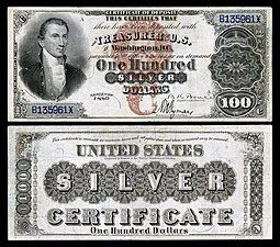 Obverse and reverse of an 1880 one-hundred-dollar silver certificate