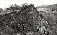 A black and white photo of workers standing in a large quarry.