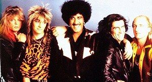 Original Grand Slam line-up in 1984. L–R: Mark Stanway, Laurence Archer, Phil Lynott, Doish Nagle, Robbie Brennan