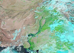 A NASA satellite image of Pakistan showing flood situation of the river Indus during 2010 Pakistan floods