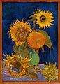 Sunflowers (F459), second version: royal-blue background Oil on canvas, 98 × 69 cm Formerly private collection, Ashiya, Japan, destroyed by US air raid of World War II on 6 August 1945[11]