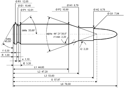 7.65×53mm Mauser maximum C.I.P. cartridge dimensions. All sizes in millimeters (mm).