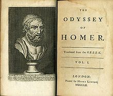 Open ancient book, showing on the left page a bust of a bearded man, on the right the title page giving the following information: "The Odyssey of Homer, translated from the Greek. Vol. I, London. Printed for Henry Lintot MDCCLII"