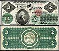 First $2 bill issued in 1862 as a Legal Tender Note.