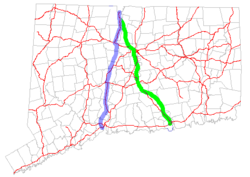 Map of Connecticut showing the original 1920s route in green and the modern route in blue