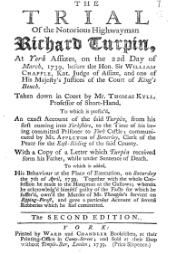 Title page of a pamphlet, entitled The Trial of the Notorious Highwayman Richard Turpin.