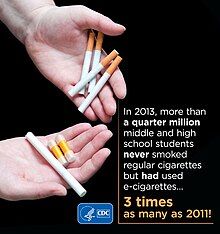 In 2013, at least a quarter million middle school and high school students who never smoked tobacco cigarettes had used e-cigarettes. This was three times as much as in 2011.