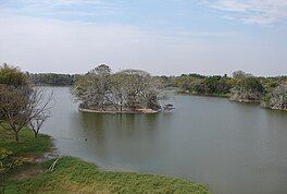 A small round island with trees in the middle of a large body of water, with more trees on the shore on either side