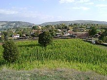 Photograph of a field with the village in the background