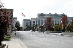 Downtown Edwardsville with the Madison County Administration Building in the background