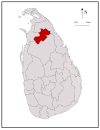 Area map of Vavuniya District, located in the middle of the northern half of the country, running roughly in a south west—north east direction, in the Northern Province of Sri Lanka