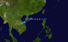 A track map showing the erratic path of a tropical storm over the northern half of the South China Sea. The storm moves westward until it reaches Hainan, at which point it turns to the southwest. It continues this motion until it reaches a short distance inland over Vietnam, where it abruptly executes a loop and turns east-northeastward back out to sea, dissipating east of Hainan.